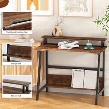 Techigher Computer Desk With Monitor Stand, Modern Metal Frame Laptop Notebook PC Study Writing Student Makeup Table Desk With Storage-Shelves For Home Office - Brown - View 9