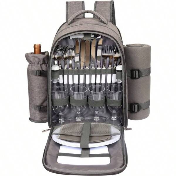 Picnic Basket Backpack 4 Person With Blanket, Wine Holder, Cooler Compartment, Cutlery Set, Couples, Ideas, Engagement Gifts, Gray 3065 - G