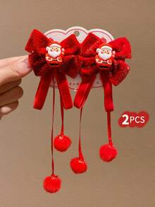 2/4个装女孩红色蝴蝶结吊坠发夹，适合作为圣诞节和新年礼物送给女孩