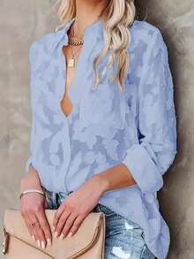 优雅女士长袖翻领纹理纽扣衬衫，适合优雅的夏天，女士春夏装，法式轻薄衬衫，夏季海滩防晒度假，商务 - 薄荷藍 - 查看 6