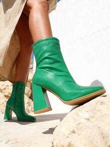 Women's Shiny Patent Leather Ankle Boots With Elegant Chunky Heel For Fall Winter, Perfect For Festivals, Everyday Work, Vacations, Dates, And Sophisticated Style. - 綠色 - 查看 4