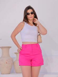 Women's Tailored Shorts With Belt And Side Zipper - Rosa Roja - Ver 3