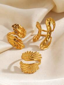 3pcs Stainless Steel Minimalist Feather Wing Ring Set, Suitable For Women's Daily And Party Wear - Multicolor - View 3