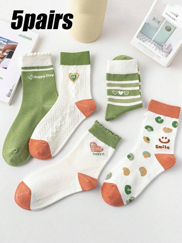 5 paia di calzini a righe e a forma di cuore, traspiranti, assorbenti, antiscivolo, a mezza gamba, adatti per uso casual quotidiano per donne