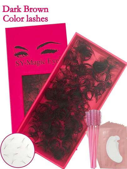 Evantaiuri prefabricate de culoare maro, 1000 buc per cutie, 5D, grosime 0,07 mm, 8-15 mm, curbură C/D, extensii de gene prefabricate în formă de evantai, cu 10 buc gel pentru extensii de gene sub pernuțe și 10 buc perii pentru gene, moi și naturale, ușor de transportat, gene false altoite manual, petreceri și călătorii, Crăciun