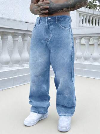 宽松男士石洗斜口袋阔腿牛仔裤，休闲日常棉质时尚牛仔裤