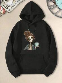 Women's Fashionable Funny Print Casual Hoodie Sweatshirts Skeleton With Coffee Cup Autumn/Winter Christmas Gift
-Black - 黑色 - 查看 2