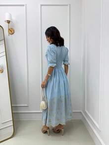 18 Floral Fabric Buttons Front Ruched Dresses Wedding Daily All - Màu xanh nhạt - Xem 4