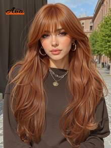 26 Inch Reddish Brown Copper Colored Long Curly Wig With Bangs, Suitable For Women, Heat Resistant Synthetic Wig, Voluminous And Shiny, With Bangs, Suitable For Parties, Daily Wear, Holidays And Other Occasions
