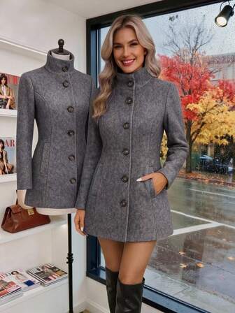 女士修身腰袋单排扣高领立领翻领黑色中长羊毛大衣，圣诞节