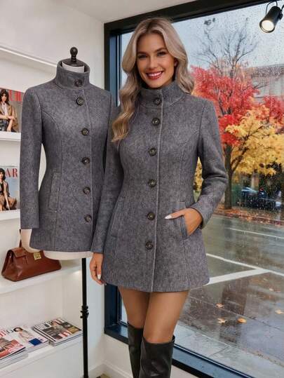 Women's Fitted Waist Pocket Single-Breasted High-Neck Stand Collar Lapel Black Mid-Length Wool Overcoat,Christmas