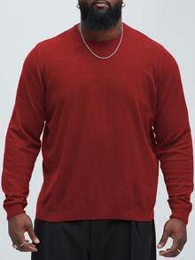 Men Plus Red Christmas Sweater Suitable For Going Out, Base Layer Shirt, Round-Neck Long-Sleeved Knitted Sweater, Winter - Burgundy - View 3