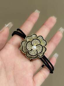 1pc Women's Fashion Elegant Faux Pearl & Sparkling Rhinestone Flower Hair Scrunchie, Ponytail Holder Hair Accessory, Suitable For Holidays, Parties, Beach, Outfits, Daily Wear, Bohemian, Elegant, Cute, Party, Sport ,Hair Ties Makeup Home Gym Woman Accessories Head Accessories