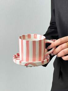1 Set Pink Striped Coffee Cup & Saucer, Minimalist European Style Ceramic Cup & Saucer Set, Household Breakfast Milk Cup, Water Cup, Juice Cup, Afternoon Tea Cup, Gift Cup - Multicolor - View 6