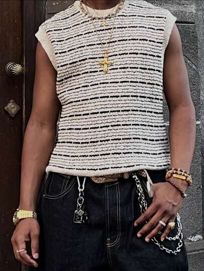  ANDREILEE Men's Unisex Loose Fit Retro Striped Casual Sports Fitness Vintage American Street Style Versatile Crew Neck Sleeveless Knit Sweater Vest, Apricot