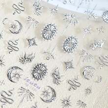 Silver Nail Stickers Star Moon Nail Supplies 5D Embossed Totem Nails Designs 3D Self-Adhesive Snake Nail Decals Sun Flame Nail Art Decoration For Women FFgirls DIY Manicure 1 Sheet{Inchcolor_nameinch:InchStyle13inch} - 風格13 - 查看 5