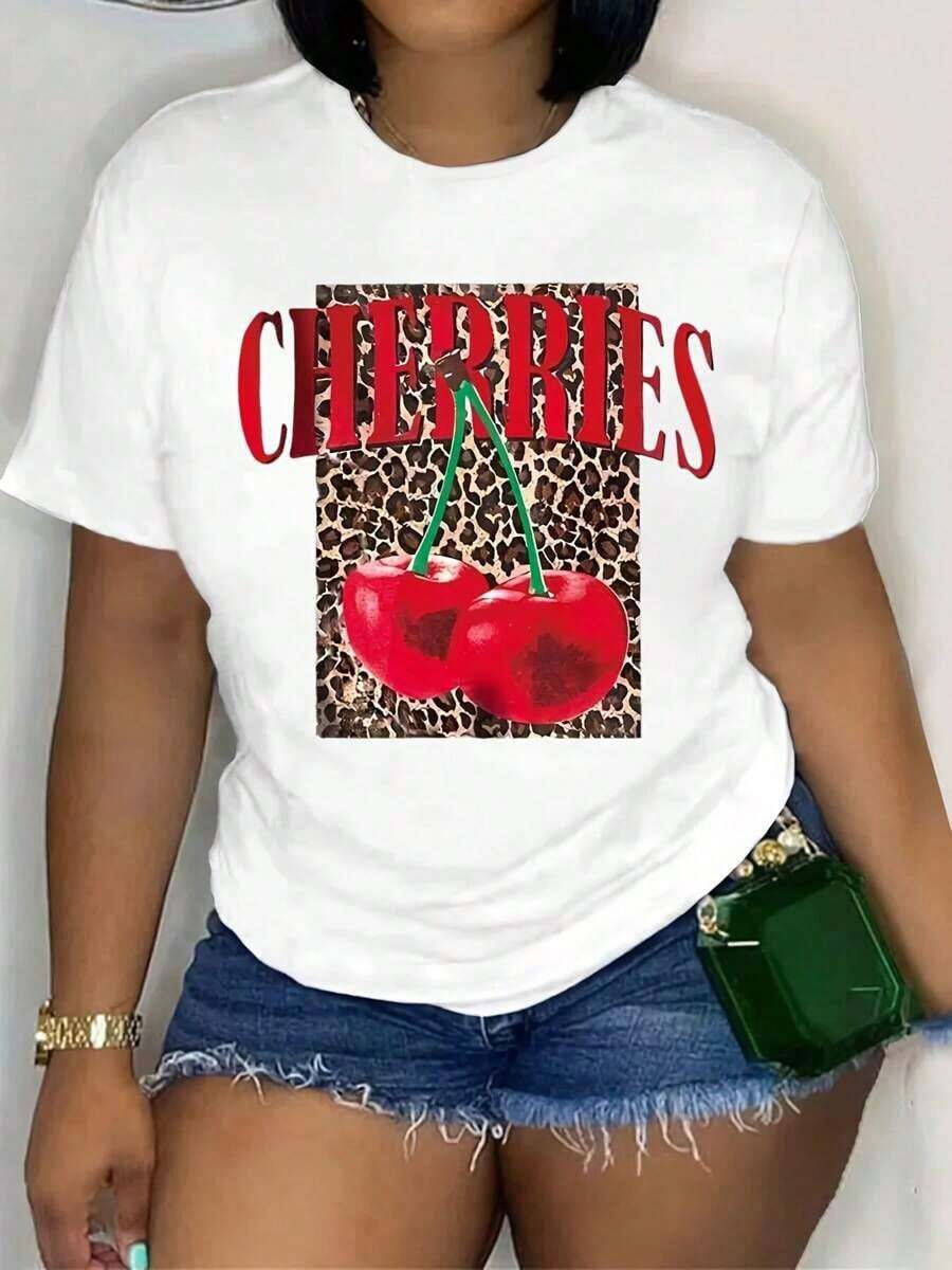 New StylePlus Size Women's Cherry Print Letter Round Neck Short Sleeve Casual T-Shirt180gSoft Printed Regular Style - 白色 - 查看 1
