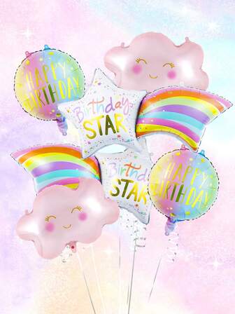 2/6-delars regnbågsfödelsedagsset, inkluderar färgglada stjärnfallsfolieballonger för grattis på födelsedagen, rosa moln, färgglada födelsedagsklot, lämplig för regnbågsfödelsedagsfesttema, dekorationer med sötnosfesttema, rosa födelsedagsdekorationer, moln, rekvisita för fotografering med regnbågstema, vädertemadekor, spa-festtillbehör, dekorationer för flickfödelsedagsfest
