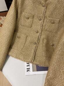 GMFP 女士新年/情人节套装，休闲复古纹理金属单排扣圆领短款金色羊毛抓绒外套，冬季