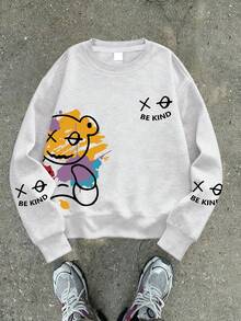 1PC Boy "BE KIND" Text - Element Crew Neck Sweatshirt, Comfortable, Spring Autumn Street Strolling Personalized Style - Grey - View 1
