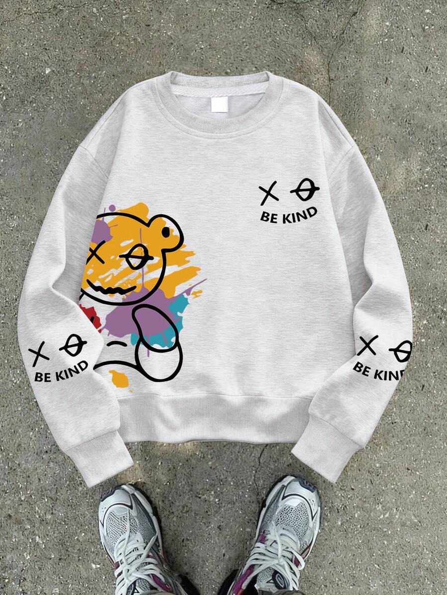 1PC Boy "BE KIND" Text - Element Crew Neck Sweatshirt, Comfortable, Spring Autumn Street Strolling Personalized Style - Grey - View 1