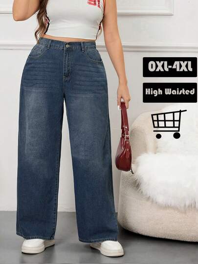 Solid Color Gradient Denim Pocket Button Zipper 1-Piece Wide-Leg Jeans Casual Plus-Size Women's High-Waisted Straight Long Pants