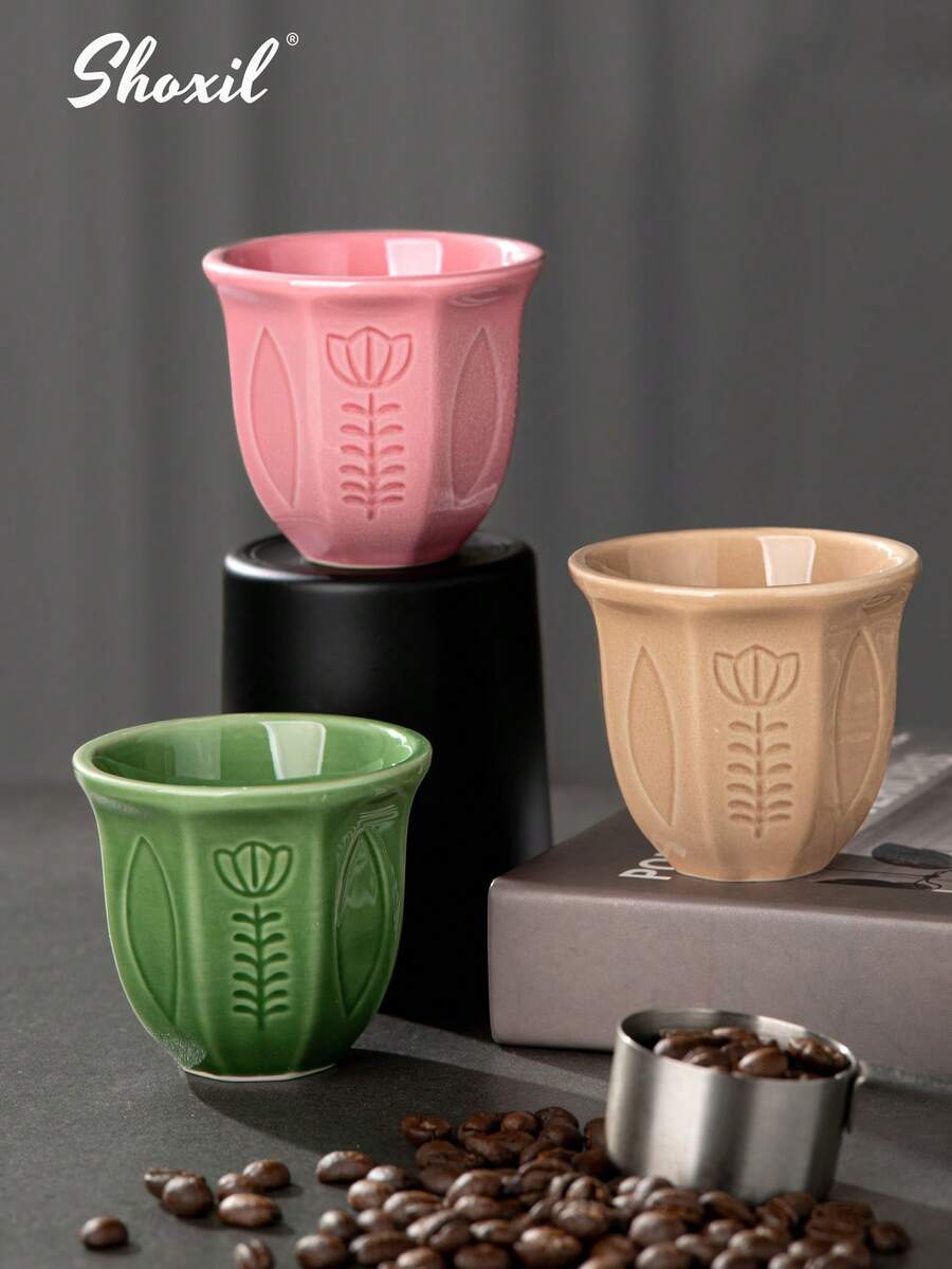 shoxil 1pc Saudi Coffee Cup, Ceramic Cup, Coffee Cup, Teacup, Matcha Cup, Water Cup, Embossed Tulip Ceramic Cup, Middle Eastern Style Coffee Cup, Handmade Hook Flower Coaster, For Home, Coffee Shop, Courtyard, Saudi National Day