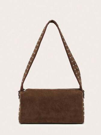 Women's Suede Shoulder Bag, Rivet Decor Vintage Versatile Fashion Underarm Shoulder Bag