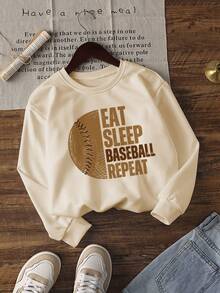 男童休闲棒球印花套头圆领卫衣，宽松版型，新款，秋冬季，学生/青少年服装，长袖上衣 - 杏色 - 查看 2