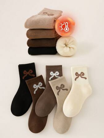5 pares de calcetines para niños/calcetines térmicos/calcetines para piso/calcetines para nieve, con decoración de lazos lindos, cálidos y acogedores, simples y de moda hasta el tobillo, calcetines rectos cómodos y versátiles para uso casual, adecuados para fiesta, hogar, oficina, exterior y uso diario en otoño/invierno, entrega de colores aleatorios