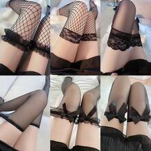 Black Sexy Women's Summer Short-Leg Lace Fishnet Stockings In Black, Mid-Calf Length, Long Sleeves, Half-Length White Silk. - Multicolor - View 2