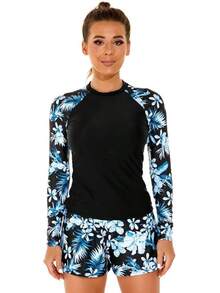 Traje de baño para mujeres, traje de baño de 2 piezas de manga larga para mujeres, traje de baño de playa, fiesta de surf, natación en piscina, traje de baño completo para mujeres - Flor verde - Ver 9