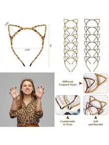 Cute 2pcsl Hollow Leopard Print Cat Ear Decoration - Halloween Party Costume Headband [Leopard Print Pattern Position Is Random], Headband, Headband, Headband, Christmas Gift  Plain  Leopard Print    Polyester    Animal - 淺棕色 - 查看 9