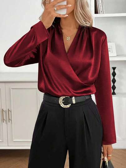 1 件纯色缎面交叉长袖衬衫，适合日常、约会之夜、节假日、度假、生日派对、单身派对、旅行、春秋季