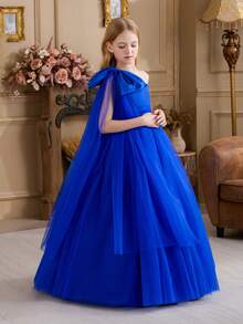 少女皇家蓝单肩薄纱蝴蝶结优雅圣诞派对礼服，公主裙，适合女孩生日礼物、派对、婚礼、感恩节、毕业典礼等场合 - 藍色 - 查看 7