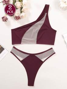 Women's Sexy Mesh Patchwork One-Shoulder Bra Set (Includes Panty) - Burgundy - View 5