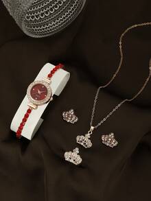 1 pieza Reloj de aleación + Set de 4 piezas de joyería de corona de oro rosa