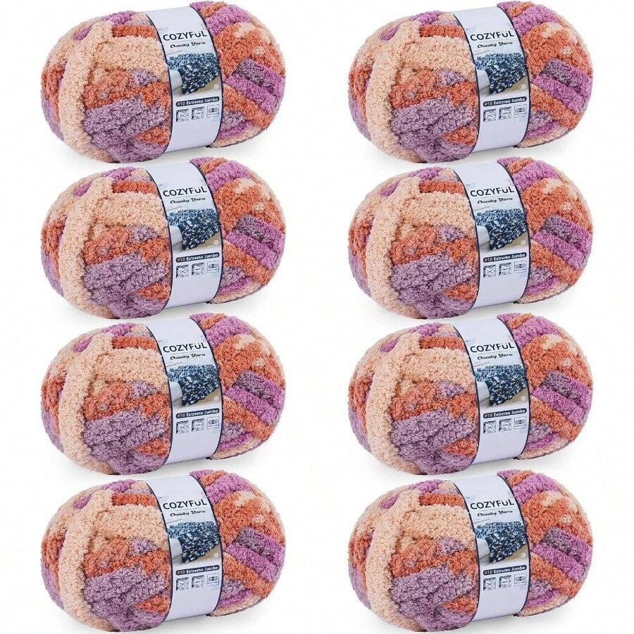 Chunky Yarn Hand Knitting - #10 Chunky Chenille Blanket Yarn, Jumbo Big Thick Chunky Yarns Crocheting, Tie Dye Bulky Knit Yarns, 8 Skein 25 Yds 8 Oz Each Skein SageKhaki - 8 件裝 + 紫色和橙色 - 查看 1