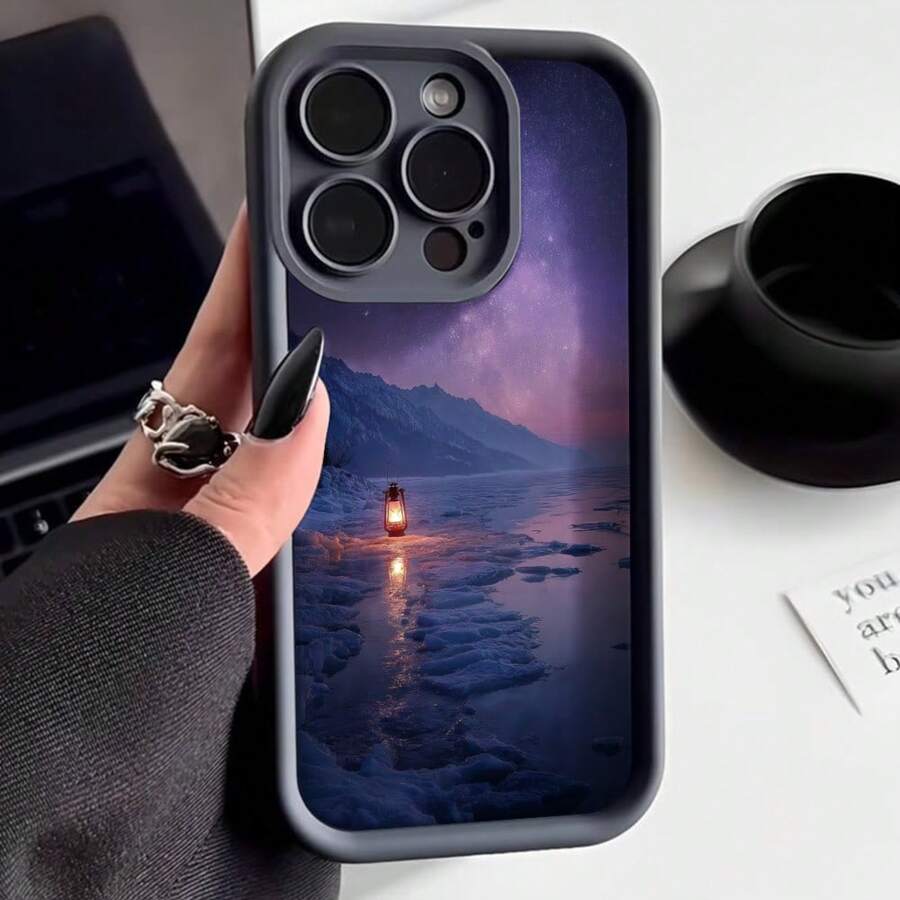 Cubierta de teléfono con borde negro diseño estrella galaxia montaña lago linterna noche paisaje nocturno para uso diario y viajes - Burdeos - Ver 1