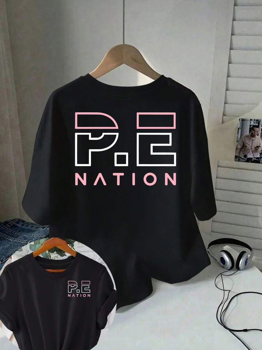 [Sporty T-Shirt]PE Nation, PE Nation Print Tshirt Short Sleeve Crew Neck Casual Top For Summer Spring, Women's ClothingRelaxed Plus Size T-Shirt - màu đen - Xem 1