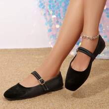 Giày Mary Jane đế bằng da lộn Pháp mũi vuông cổ thấp dành cho nữ, phong cách mới, phù hợp với váy, giày ba lê - màu đen - Xem 9