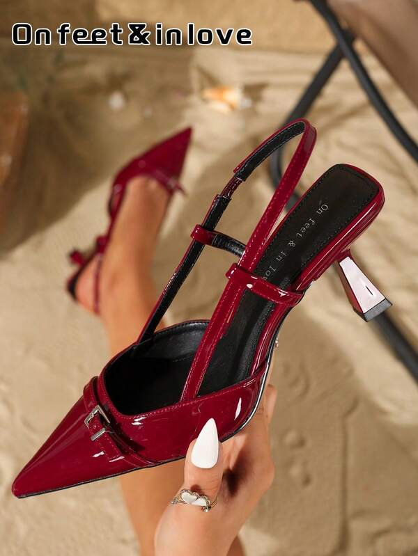 On feet& in love Fall/Winter 2025 Women's Fashion Elegant Heel Strap Pointed Toe Slingback Stilettos, Versatile For Office Wear And Formal Dresses,Elegant,Women Pumps,Elegant