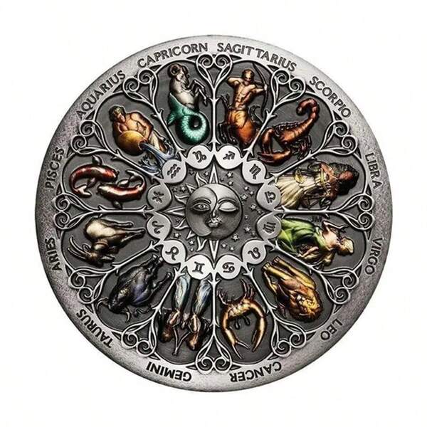 Antique Twelve Constellations European And American Painting Ancient Silver Smiling Face Coin Tarot Wishing Coin, Sun Moon Sun God