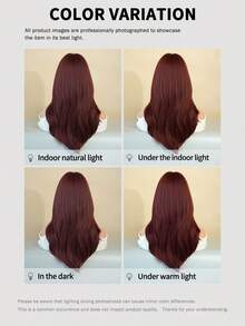 Elegant-24 Inch Layered Raspberry Red Wigs For Women,Long Straight Wigs With Curtain Bangs, High Density Fluffy Synthetic Heat Resistant Fiber Hair Wig For Daily Party Wear, Music Festival Party Use - 酒紅色 - 查看 7