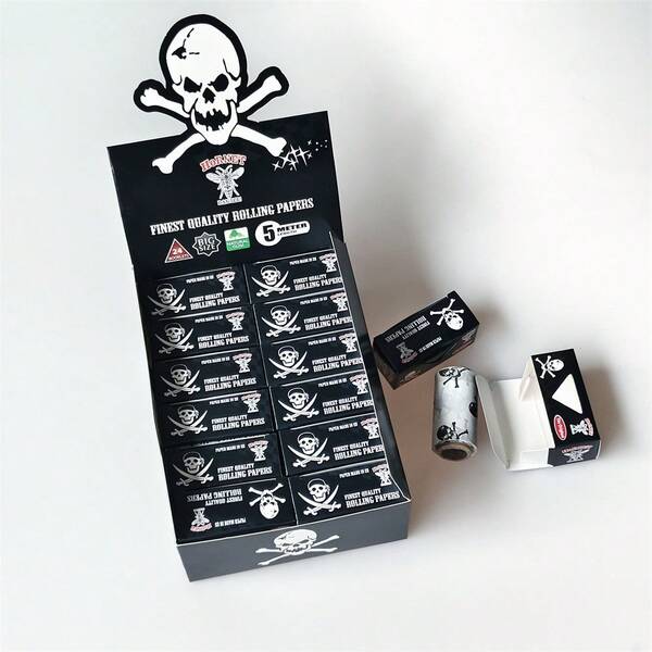 24 rouleaux/boîte, nouveau papier à rouler de cigarette auto-ajustable de 44 mm de long, 5 m/rouleau, papier à rouler de cigarette avec motif crâne, accessoires pour fumeurs, petite boîte portable