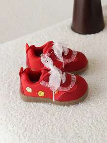 1 Pair Girls Princess Lace Casual Shoes, Soft Bottom Toddler Walking Shoes, Autumn - Red - View 6