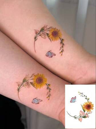 1 pieza de tatuaje temporal lavable con girasol fresco y mariposa - Tatuaje literario de flor y insecto en la muñeca, tatuaje realista y decorativo de larga duración para niñas
