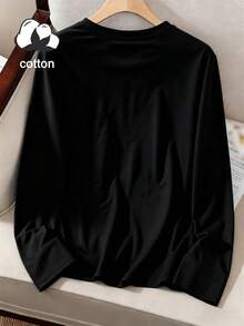 女士黑色纯棉长袖圆领常规下摆T恤，适合春夏度假穿着，可机洗，版型合身，女士长袖T恤，夏季服装，休闲衬衫，面料舒适，女士套头衫，情人节礼物，送给女朋友的礼物 - 黑色 - 查看 8