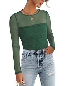 Sleeve Shirts For Women Sheer Mesh Sexy Blouses Fall Fashion Crewneck Going Out Tops - màu xanh lá - Xem 8