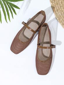 Bailarinas de malla para mujer, zapatos cuadrados transpirables tipo abuela, zapatos planos de suela blanda - Marrón - Ver 3